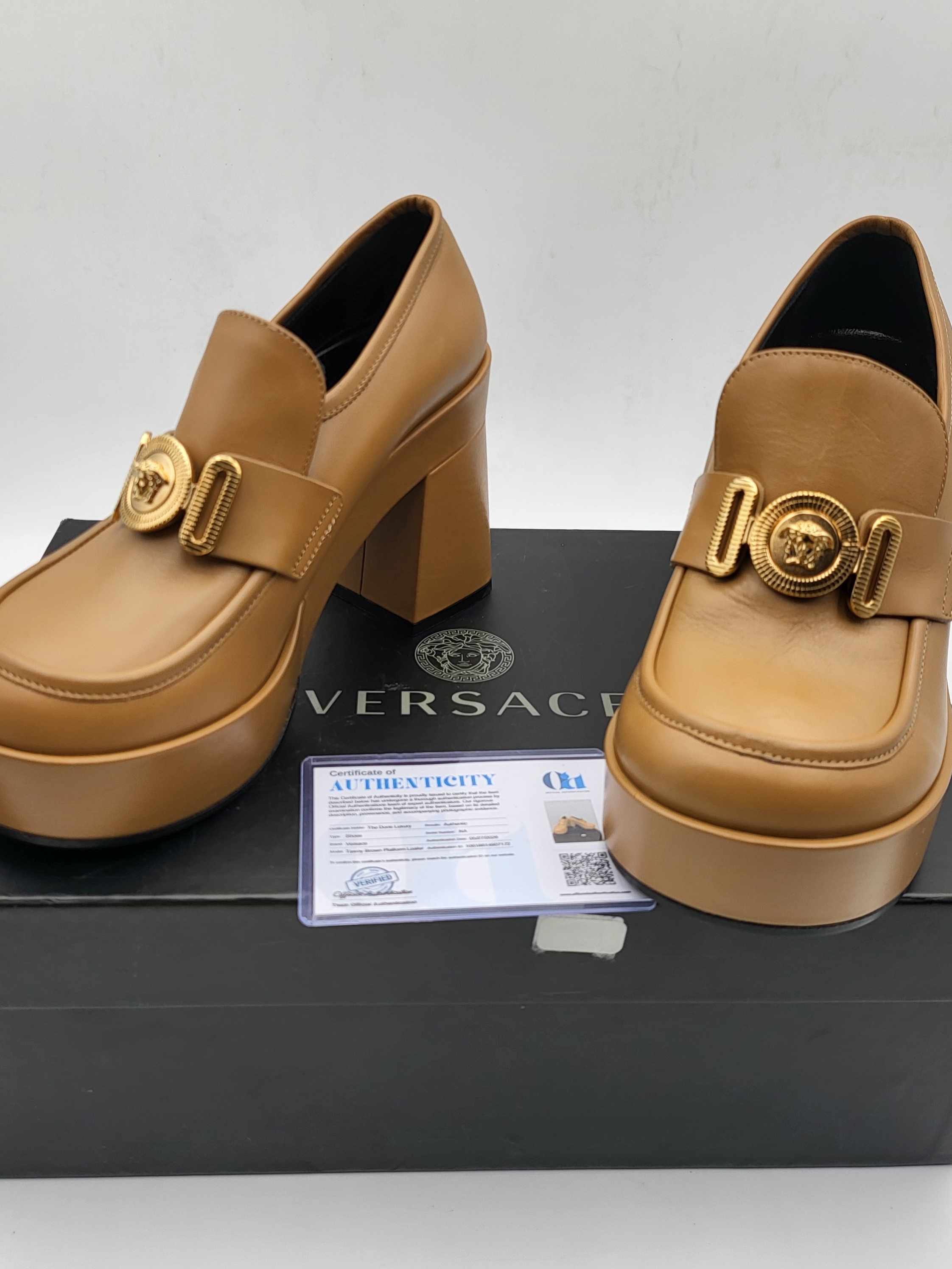 Versace Medusa Biggie Platform Loafers Brown Leather Eu37 Auth W/Coa.